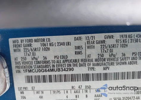 2021 Ford Escape Se z USA, uszkodzony, nr VIN 1FMCU0G64MUB34290